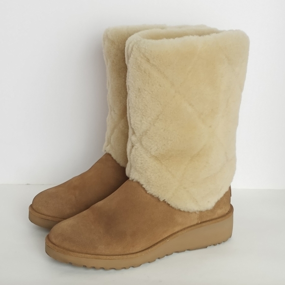 UGG Ariella Luxe Diamond Chestnut Suede Fur Cuff Boots 6 - Picture 2 of 11
